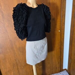 Zara Womens Top Black Size Medium Puff Sleeve Ruffle Lace Knit Crew Neck